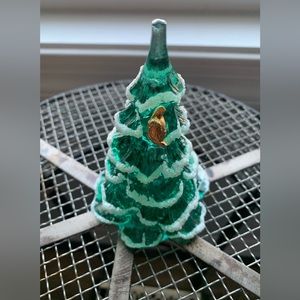 Vintage Fenton Glass Flocked 4.5” Christmas Tree With Gold Bird